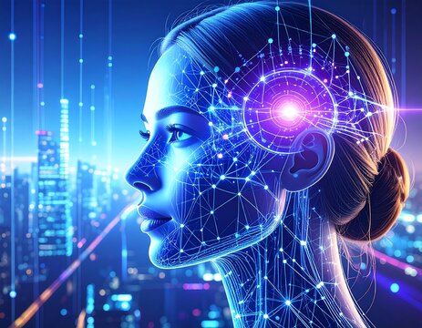 Futuristic AI woman with digital network in city skyline