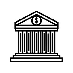 Illustration of a bank building with a dollar sign on top in black and white outline style design