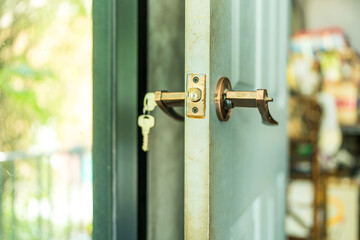 Modern wood door to apartment, door slightly open