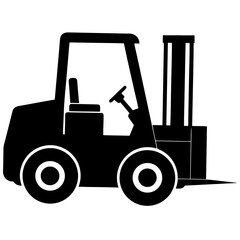Simple black and white illustration of a forklift truck on white background