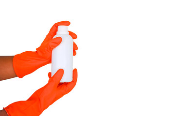 hand in red glove with white bottle isolated on white background
