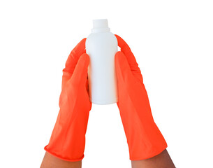 A hand wearing red rubber gloves is holding a white bottle