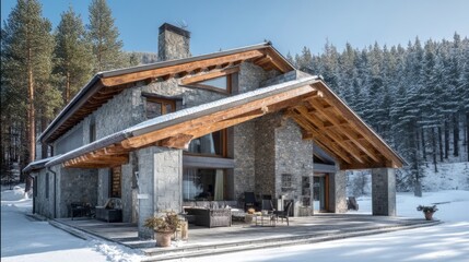 Obraz premium An elegant mountain house covered in snow surrounded by tall trees features stone walls and a wooden patio with cafe fur