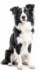 A black and white border collie dog sits alertly, looking forward with a thoughtful expression, on a plain white backdrop in studio lighting