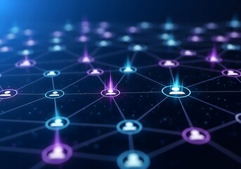 Abstract visualization of a social media network with interconnected user profiles glowing on a dark blue digital background