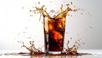 Refreshing dark soda in a glass, with ice cubes, creating a dynamic splash effect on a plain background, capturing a moment of action