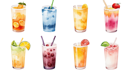 Collection of colorful refreshing fruit juice cocktail drinks illustration isolated on white background