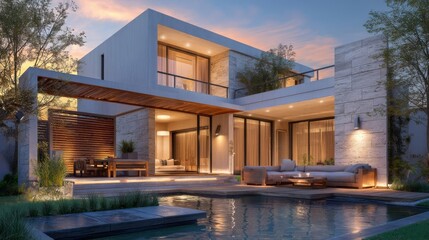 Modern two-story house with clean lines, large glass windows, stone cladding, flat roof extension, outdoor living area,