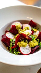 Beet salad with radish and greens, dressed with a light green sauce