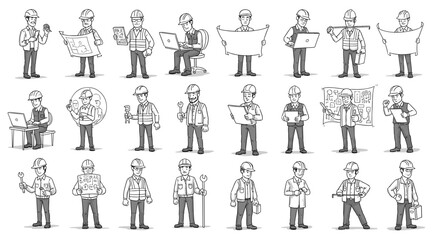 Fototapeta premium Collection of black and white drawings of construction workers in action
