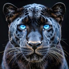 Obraz premium Intense close-up of a black panther's face with striking, piercing blue eyes set against a stark, dark background, highlighting its unique pattern