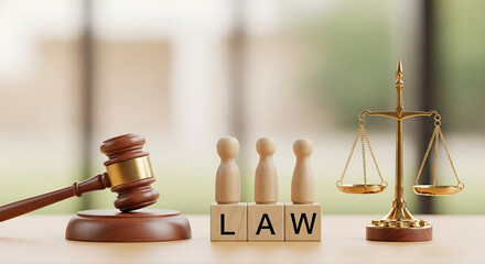 A clear visual representation of law and justice, showing a gavel, scales of justice, and the word "LAW" spelled out on wooden blocks.