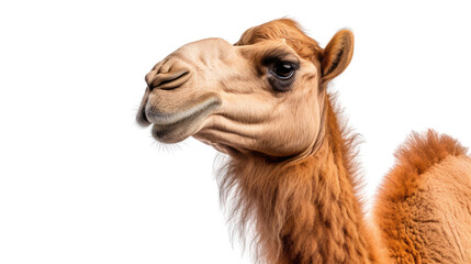 Fototapeta premium Close up portrait of dromedary camel with brown fur isolated on white background