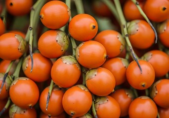 Photo of closeup of ripe orange betel nuts hanging from a tree branch
