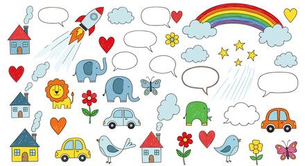 Assorted cartoon drawings featuring animals objects and speech bubbles