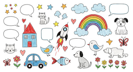 Collection of colorful hand drawn style doodles including animals and objects