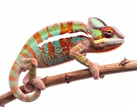 Striking chameleon, vibrant hues of teal, orange, and green, clings to a delicate branch, poised against a bright, neutral background - Powered by Adobe
