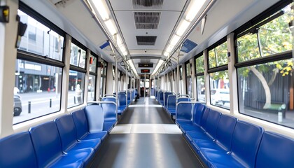 Empty light rail interior, blue seats, city view
