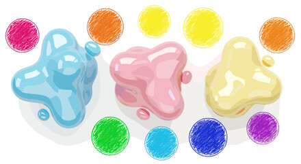 Naklejka premium Colorful blobs with matching scribbled circles arranged symmetrically