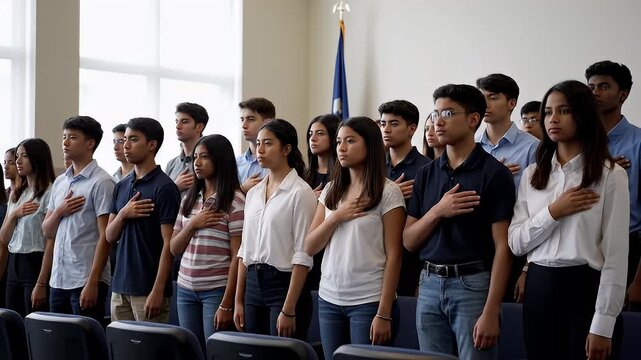 Diverse group of students standing with hands on chests during pledge of allegiance in a classroom