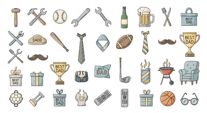 Collection of father's day themed icons including tools and sports items