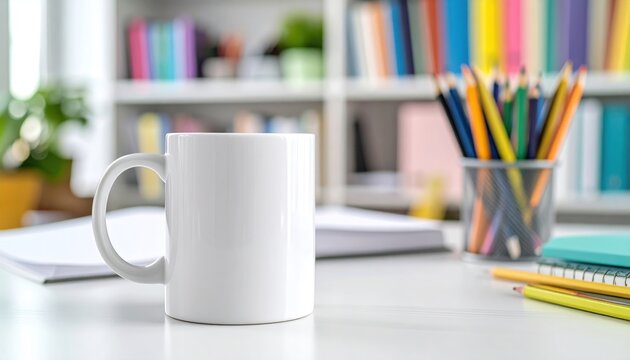White mug on a tidy desk, alongside colored pencils and books, presents a bright, organized workspace ready for creativity and productivity