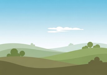 Serene Green Hills Landscape with Blue Sky and White Clouds Illustration