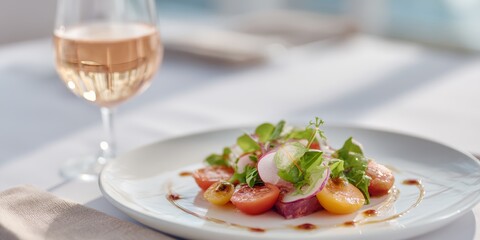 Plate of food with a glass of wine on the table