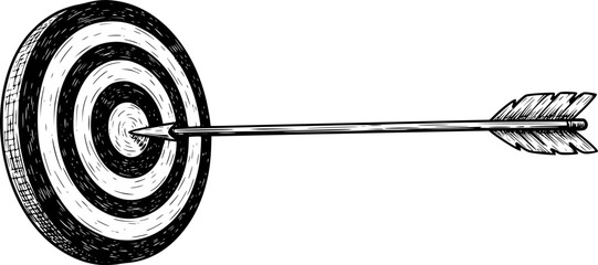 Arrow on target sketch engraving black and white outline. Scratch board imitation. illustrated in vintage line art style on a white background.
