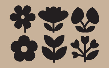Fototapeta premium Set of six stylized black floral silhouettes on a beige background
