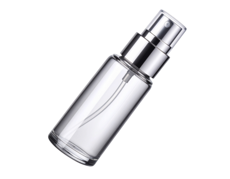  Tipped Clear Glass Spray Bottle with Reflections, Side Angle, Silver Cap, Isolated PNG