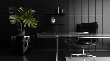 A sleek modern office with minimalist design features dark walls, green foliage in an oversized vase, glass shelves,