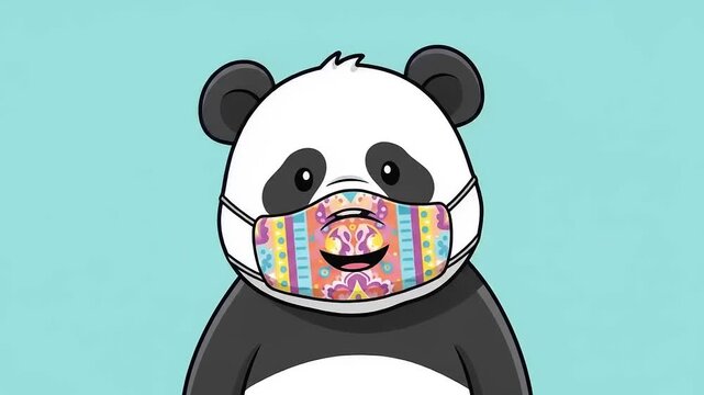 Cartoon panda wearing a colorful patterned mask against a light blue background