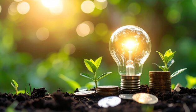 A lightbulb glows brightly among emerging plants and scattered coins, symbolizing growth and financial investment in green energy - Powered by Adobe