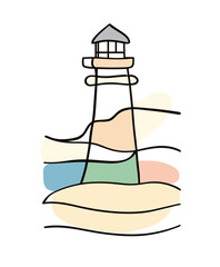 Minimalist lighthouse vector illustration with waves and red sun, linear style on transparent background. Coastal travel, maritime navigation, nautical symbol, poster or branding use