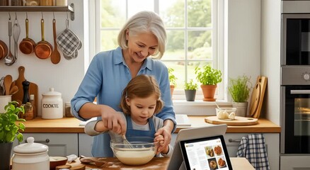 A loving grandmother guides her granddaughter in baking, using a digital tablet for the recipe in a sunny, welcoming kitchen - Powered by Adobe