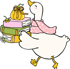 Fall Bookish Silly Goose Reading Carrying Books and Pumpkin Cartoon