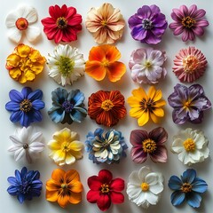 30 different colorful flowers collection, pink yellow orange red purple green blue, isolated on white background, catalog