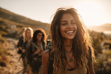 Group of friends hiking on a scenic mountain trail at sunset