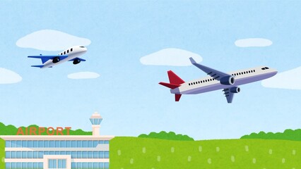 Fototapeta premium Cartoon illustration of airplanes taking off near airport building against blue sky and clouds