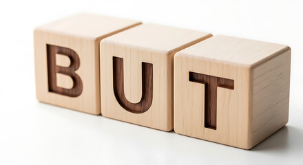 Three polished wooden blocks spelling "but," a simple concept for disagreement or a conditional statement.