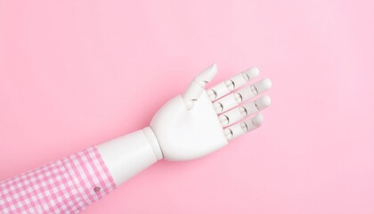 Articulated white mannequin hand with gingham sleeve against light pink background, extending to the right from the lower left corner