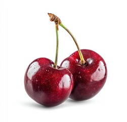 Two deep red cherries, glossy and slightly wet, share a single green stem. Isolated against pure white background