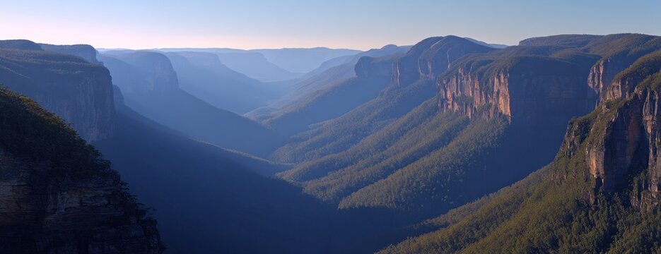 Deep valley landscape with tall cliffs covered in green trees receding into a hazy blue distance under a clear light blue sky - Powered by Adobe