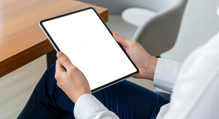 Tablet Mockup Held by Person in Office Setting