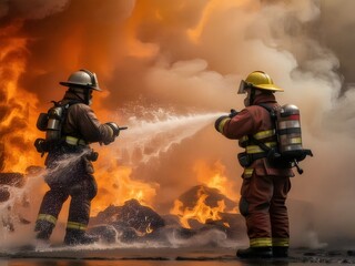 Naklejka premium Brave firefighters battling intense flames with water hoses during emergency rescue mission with smoke and fire