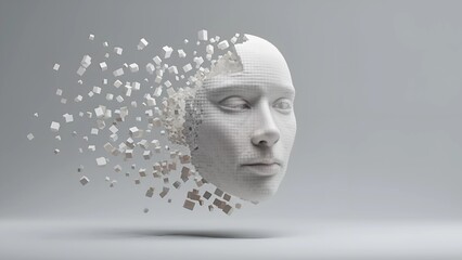 Minimalist 3D human face made of white cubes, dissolving and floating in space, futuristic abstract design, symbolizing AI, data science, digital innovation, and transformation