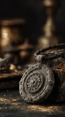 Antique silver pendant, intricate design, on rustic wooden surface with vintage accents