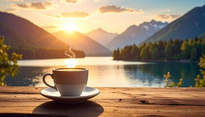 A steaming coffee cup sits on a wooden table overlooking a serene lake & mountain range at sunrise, creating a tranquil scene