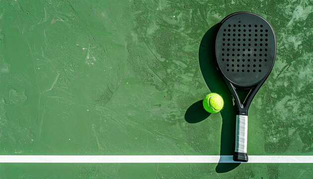 Minimalist top down flat lay of a padel and ball on a clean green court surface, background